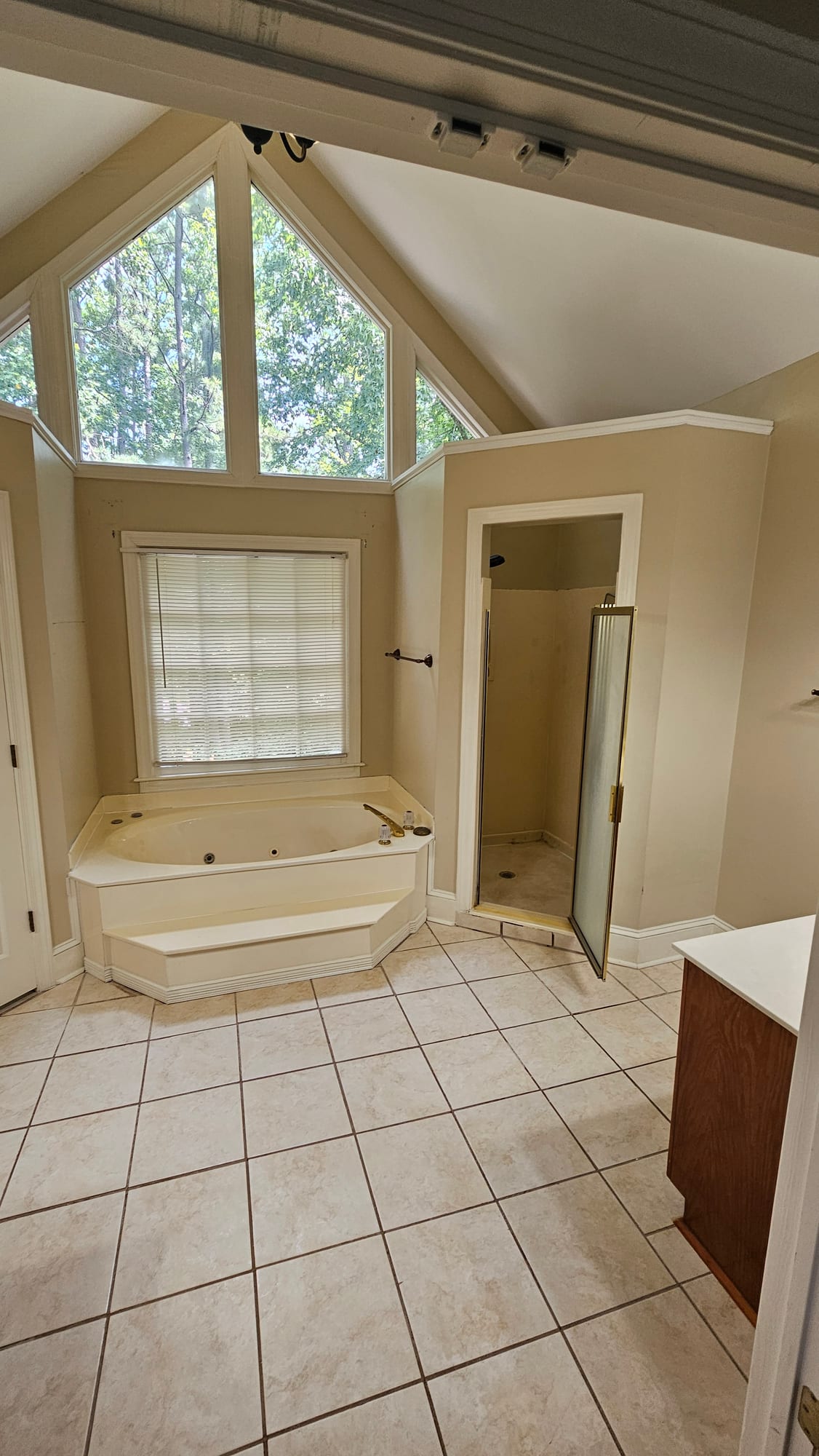 Primary bathroom with an oak vanity and garden tub beneath a bay window, before renovation